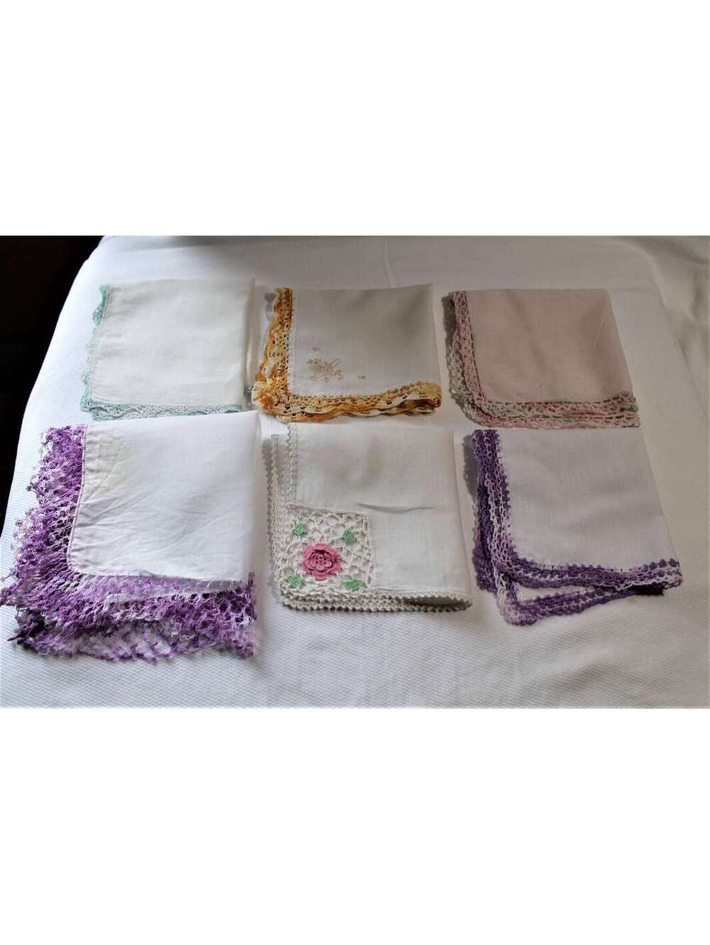 Lot of 6 Vintage Handkerchiefs With Crocheted Borders, Some Slightly Imperfect
